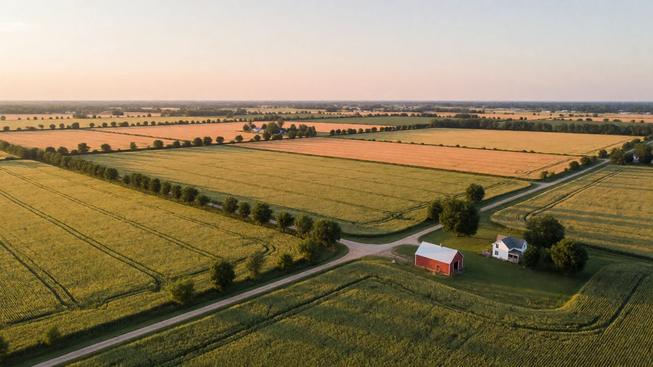 Aerial view of patchwork farmland at golden hour with fields, barn and dirt roads, representing local farmers dating across rural America