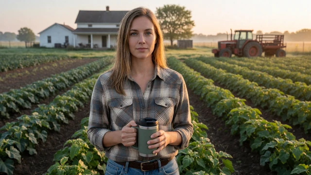 Woman farmer with coffee near crop rows at sunrise, linking to advice on how to date a farmer