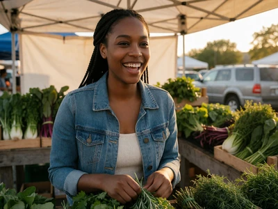 Black woman in her late 20s at a farmers market booth full of fresh greens at golden hour