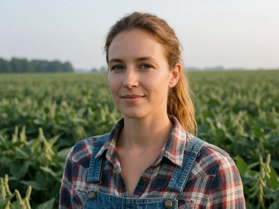 Adult woman in denim overalls standing in a green soybean field on an Ohio farm