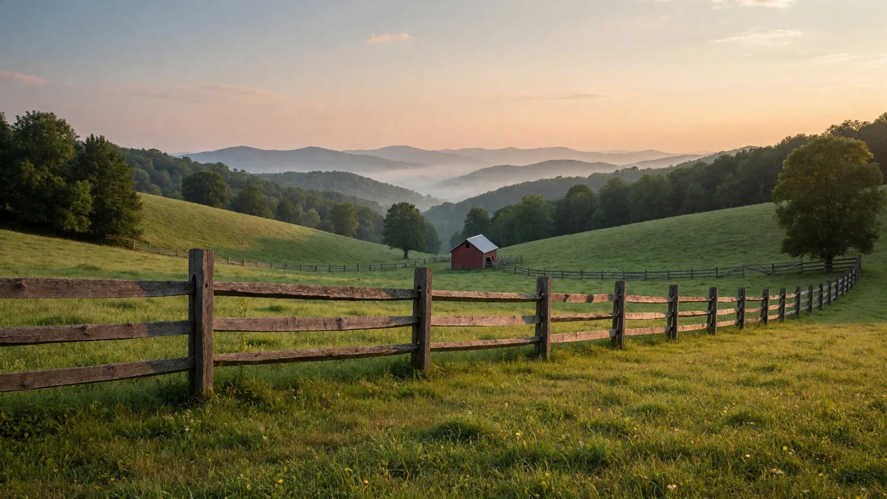 Rolling green Tennessee hills at golden hour with a wooden split-rail fence and a small red barn, representing Tennessee farmers dating for country singles