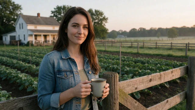 Woman farmer with coffee near crop fields at sunrise, linking to advice on how to date a farmer