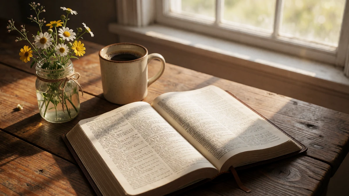 Open Bible on a wooden farmhouse table with a coffee mug and wildflowers in warm morning light
