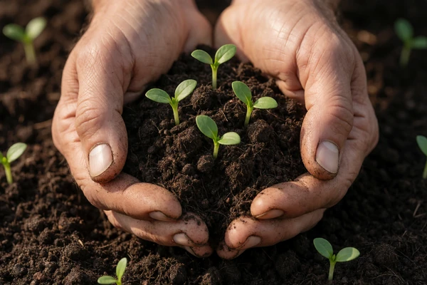 Hands holding dark soil with green seedlings sprouting, representing authenticity on a farmer dating site