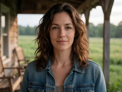 Adult woman in her 30s wearing a denim jacket smiling on a Tennessee farmhouse porch