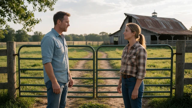 Two rural singles talking by a farm gate about dating etiquette.