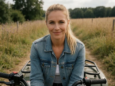Adult woman in her 30s sitting on an ATV on a grassy rural trail under soft daylight