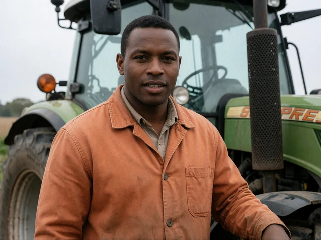Man farmer standing beside a tractor in a farmyard for a profile photo.