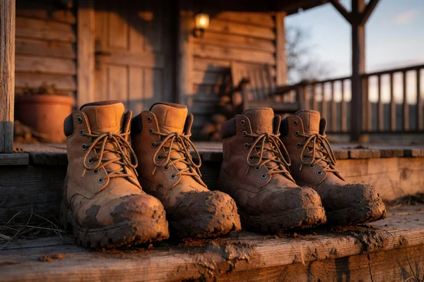 Two pairs of muddy work boots on a farmhouse porch step at dusk, representing rural couples who share the same lifestyle