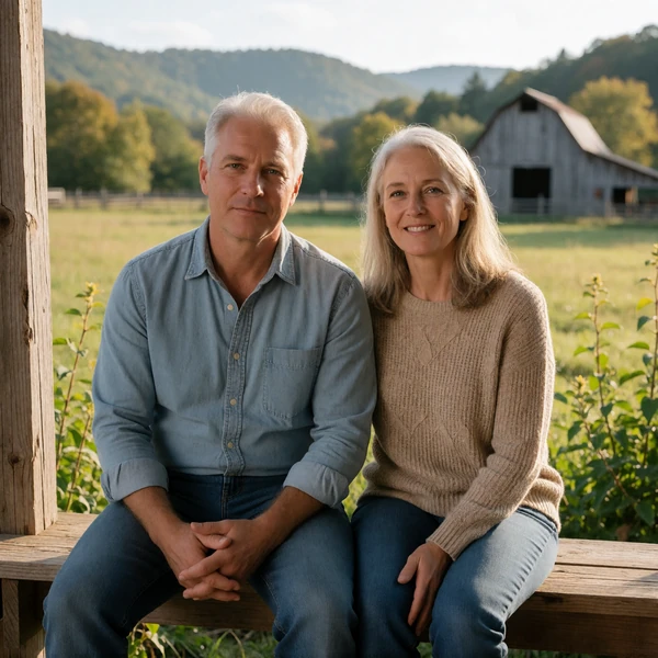 Older couple sitting on a porch overlooking a rural West Virginia farm in warm light