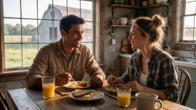 Farm couple making breakfast in a farmhouse kitchen, linking to life on a farm and relationships