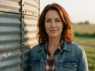Adult woman age 45 with auburn hair in a denim jacket standing beside a grain silo on an Illinois farm