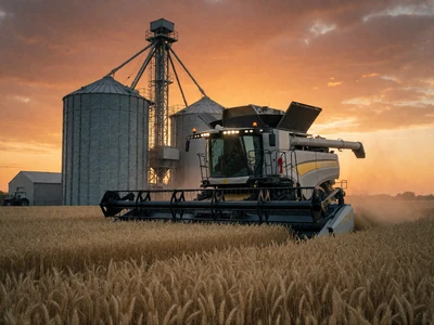Large-scale combine harvester and grain silos in a wheat field at dusk, industrial farmers dating category