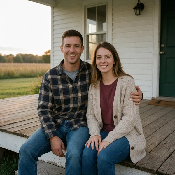 Adult couple sitting together on the porch of a Midwest farmhouse in Ohio at dusk
