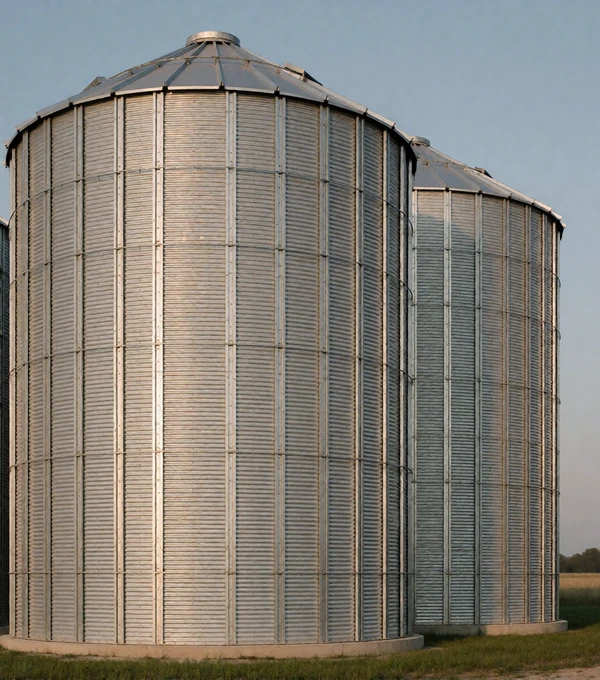 Large metal grain silos against a clear sky showing the scale of industrial farming