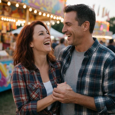 Country couple in their forties laughing together at an evening county fair