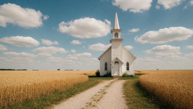 Small white country church with a steeple surrounded by golden Kansas wheat fields under a blue sky with cumulus clouds