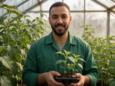 Muslim man in his late 30s working with seedlings inside a sunlit greenhouse
