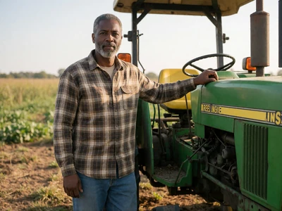 Black man in his 50s standing beside a tractor on his family farm in the afternoon
