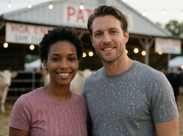 Adult couple smiling at a North Carolina county fair after meeting through rural dating