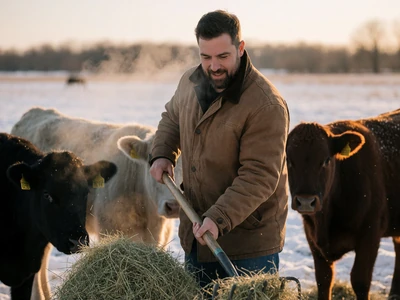 Man in his late 30s feeding hay to cattle in a snowy Minnesota field in winter