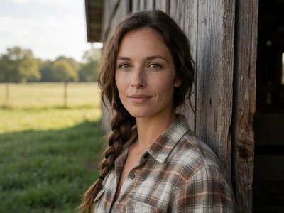 Woman in her 30s in a flannel shirt standing beside a weathered wooden barn on an Arkansas farm