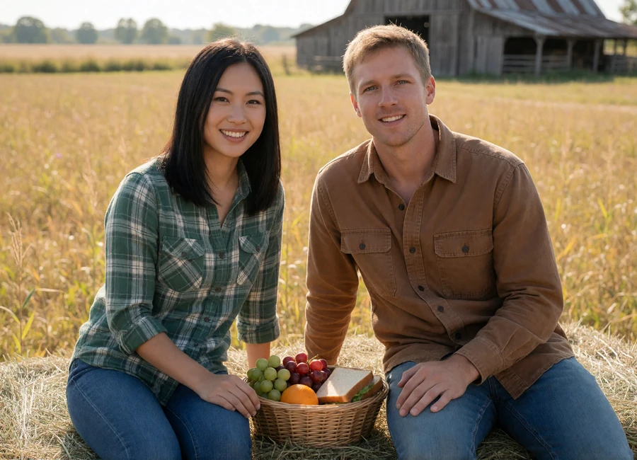 Adult couple sharing a hay bale picnic in a sunny field during a respectful farm first date