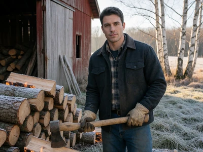 Man farmer chopping firewood near a weathered barn in rural Maine for rural dating