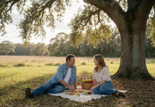Country couple having a picnic under a large Florida oak tree after farm chores