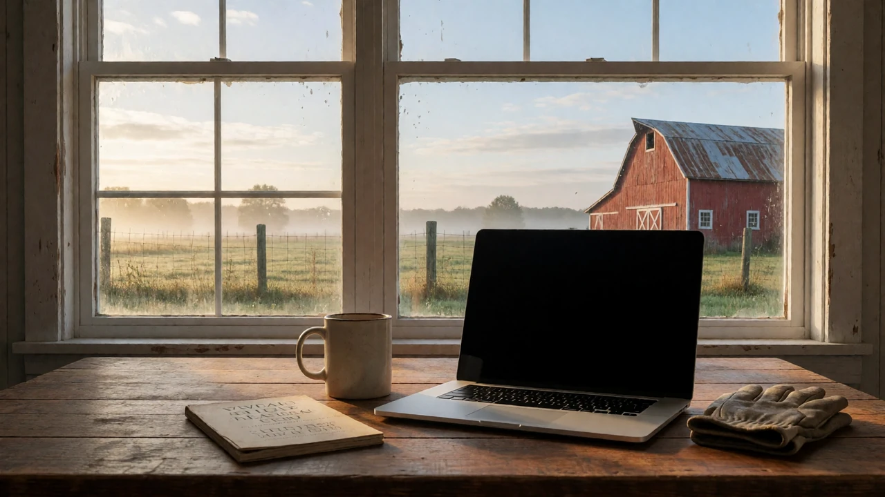 Laptop on a farmhouse kitchen table with a farm visible through the window for farmers dating onboarding