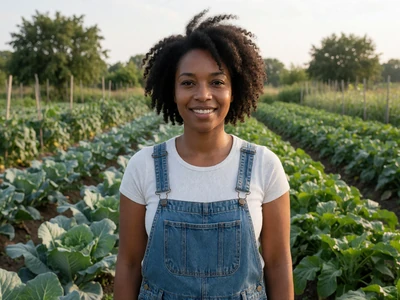 Confident Black woman farmer standing in a vegetable field, Black farmers dating category