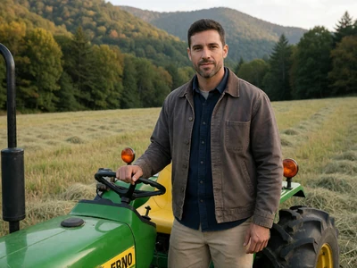 Man farmer standing near a tractor in a mountainous West Virginia hay field