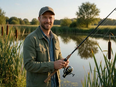 Adult man in his 30s holding a fishing rod beside a quiet rural pond in golden afternoon light