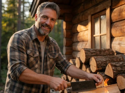 Adult man in his 40s chopping firewood beside a wooden cabin in warm afternoon light