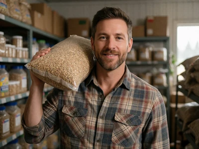 Man in his mid-40s in a feed store aisle holding a bag of feed on his shoulder