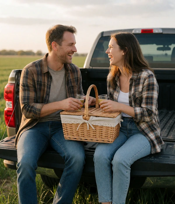Adult couple in their 30s sharing a picnic on a pickup truck tailgate in a green field at golden hour
