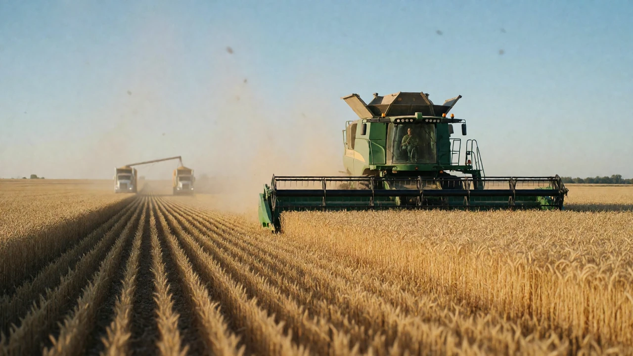 Massive combine harvester working through a golden wheat field for industrial farmers dating
