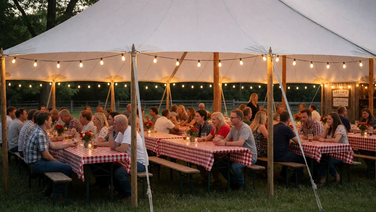 A Wisconsin country festival tent in the evening with checkered tablecloths, warm string lights, and neighbors gathered together