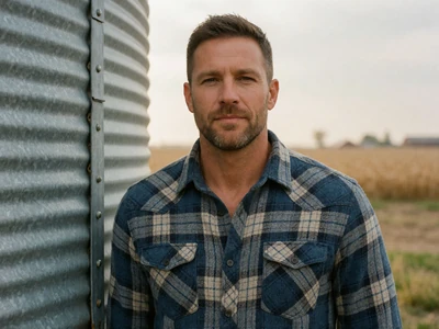 Man in his 40s in a plaid flannel shirt standing beside a grain bin on an Iowa farm
