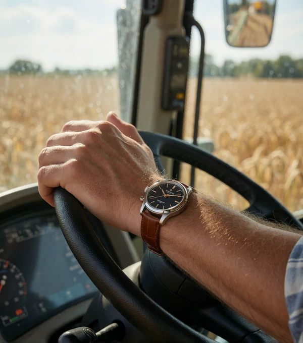 Close-up of a farmer wearing a nice watch with his hand on a modern tractor steering wheel