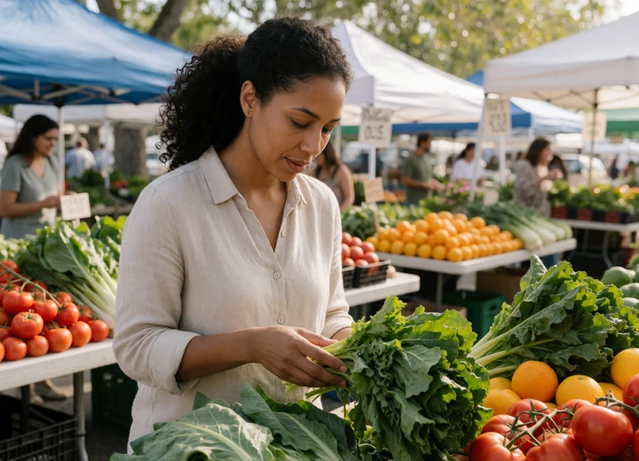 Adult woman inspecting fresh produce at a sunny Florida farmers market during a country date