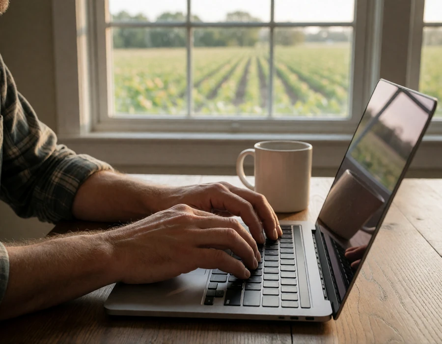 Hands typing a dating profile on a laptop beside a farmhouse window.