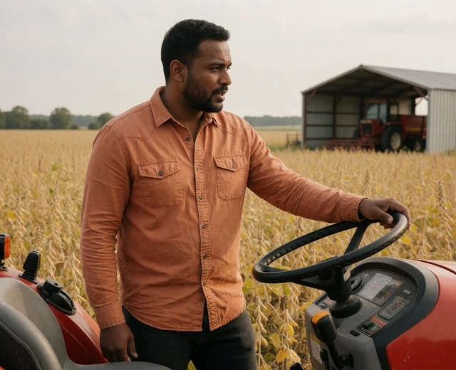 Adult man farmer beside a stationary tractor, showing safe family routines and farm responsibility