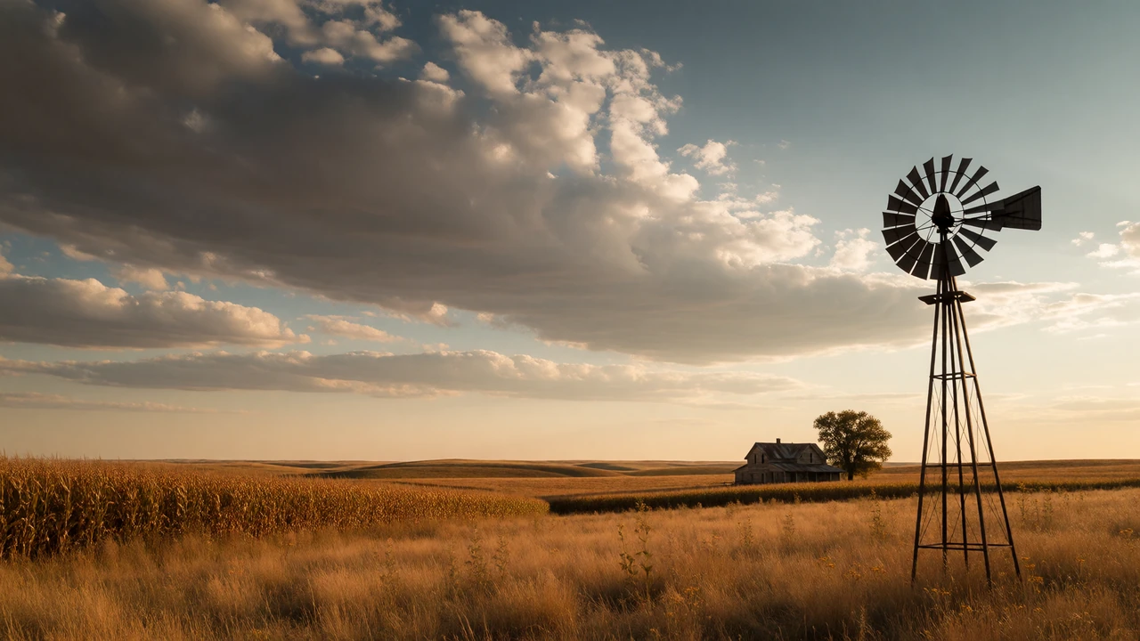 Vast Nebraska plains at golden hour with a lone farmhouse and windmill in the distance, representing Great Plains farmers dating country singles