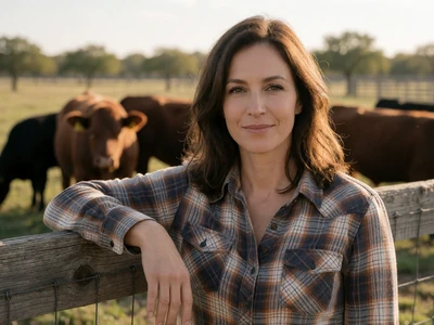 Adult woman in her 40s in a plaid shirt leaning on a wooden fence with cattle grazing on a Texas ranch