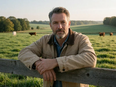 Man in his 50s leaning on a wooden fence overlooking an Indiana cattle pasture in morning light