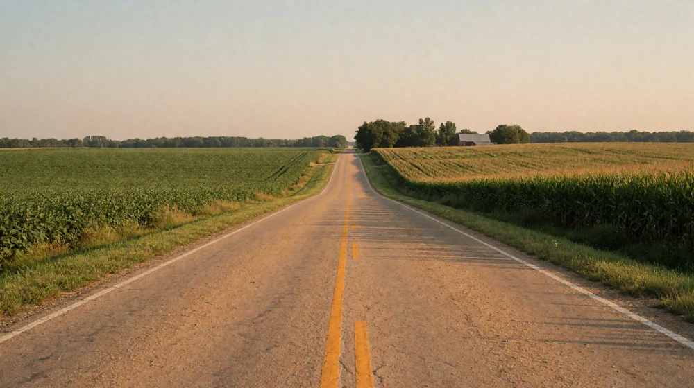 Empty two-lane country road stretching to the horizon through farmland at golden hour, showing the distances of rural dating