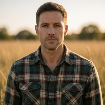 Adult man in his mid-40s in a flannel shirt standing in a field, outreach lead at Farmers Dating