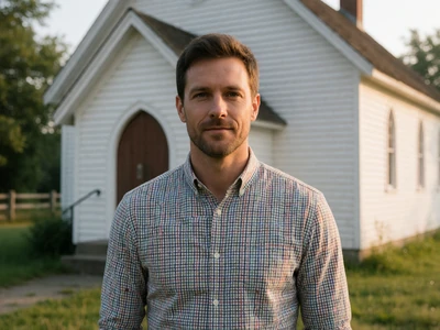 Christian man in his 40s standing outside a small country church in morning light