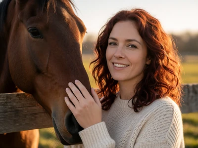 Adult woman petting a brown horse at a wooden fence on an Ohio farm at golden hour